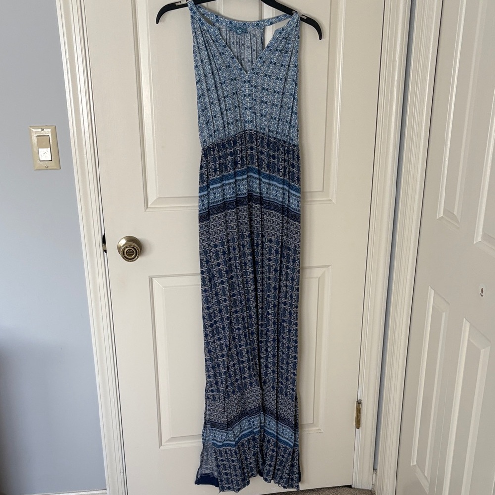 Blue Patterned Sleeveless Maxi Dress